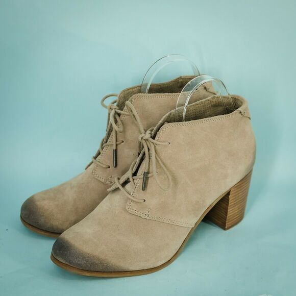 Toms Size 12 Lunata Lace Up Tarmac Booties Suede Lather Blocked Heel Boots - Picture 1 of 5